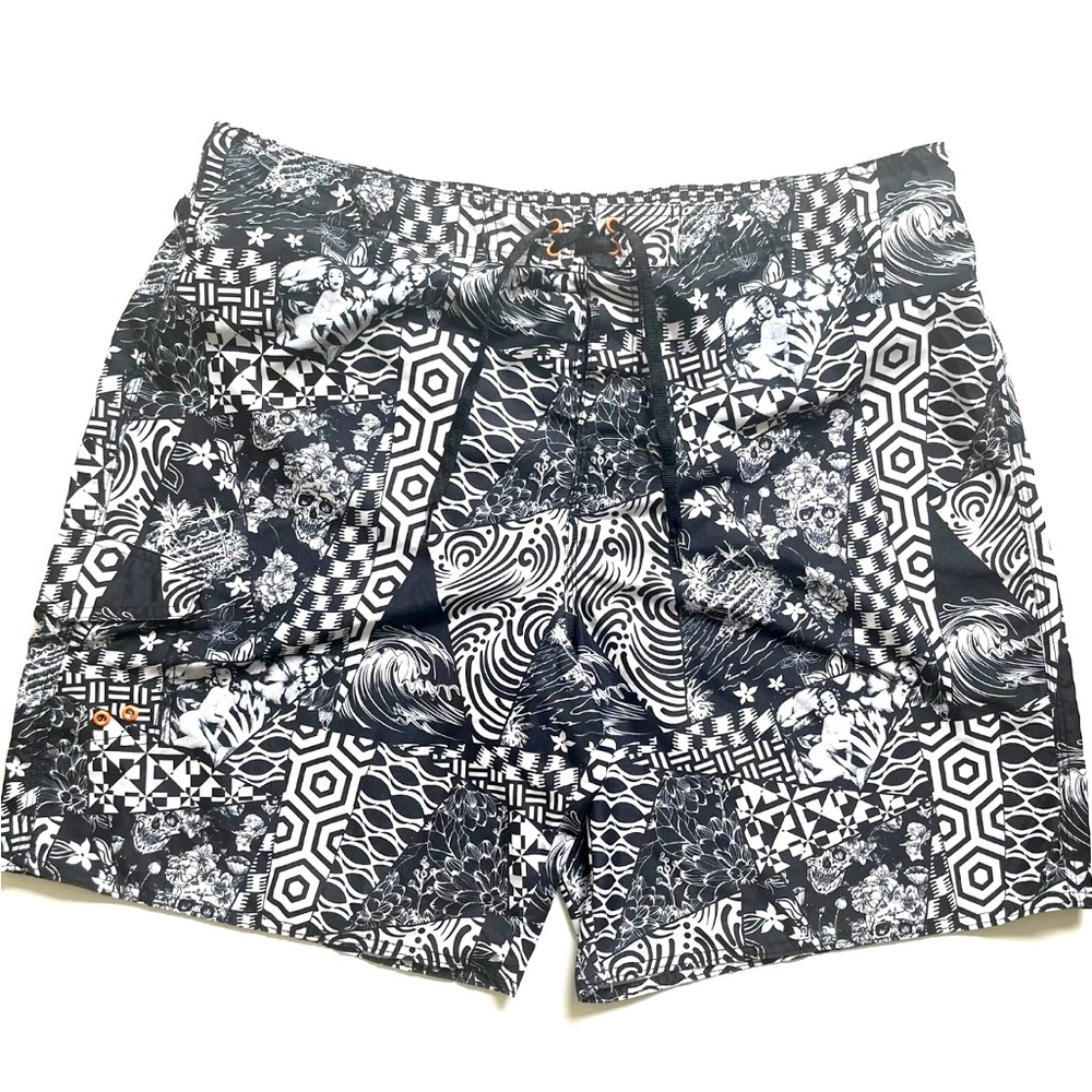 Joe Boxer XXL Swim Trunks Men's Black White Mesh Lining Pockets Elastic Waist